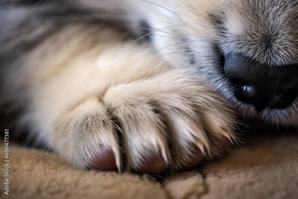 Generative AI : Dog paws close up. Defocused abstract background. Dog claws with dirt and scratches after training. Nail trimming. Animal claw care, health care.