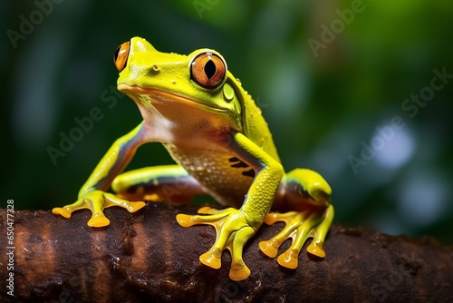 Generative AI : Golden-eyed leaf frog, Cruziohyla calcarifer, green yellow frog sitting on the leaves in the nature habitat in Corcovado, Costa Rica. Amphibian from tropic forest. Wildlife in Central 