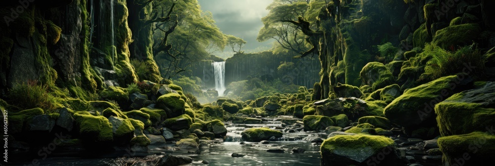 a waterfall surrounded by green moss, generative AI - obrazy, fototapety, plakaty 