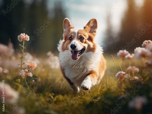 Generative AI : Small Corgi running through a lush green meadow with its tongue out © The Little Hut