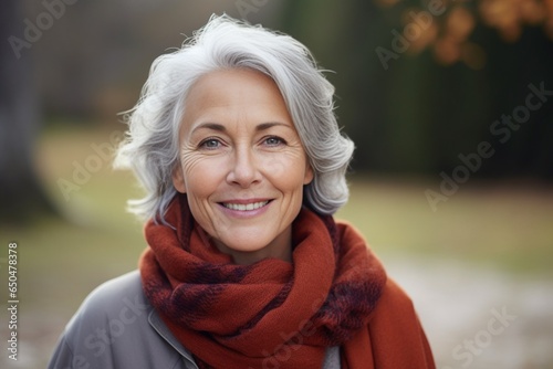 Generative AI : Close-up portrait of naturally beautiful senior cute gray-haired woman standing in park in autumn wearing coat looking at camera smiling. Pretty mature kind good-looking female on fres