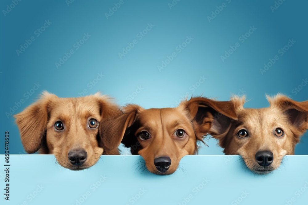 Generative AI : Banner Close-up three hide dogs head. Isolated on blue background. Generative AI : Banner Close-up three hide dogs head. Isolated on blue background.