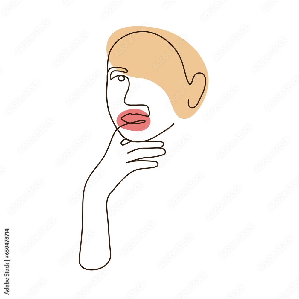 Modern line art of young woman face resting her chin on her hand. Good for poster, cover design beauty. Modern line art of young woman face resting her chin on her hand. Good for poster, cover design beauty.