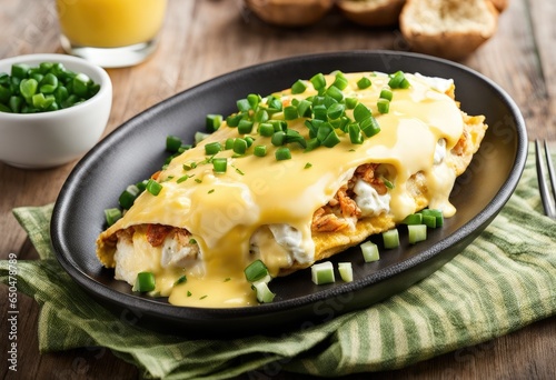 crab omelette with cheese, green onions, and hollandaise sauce