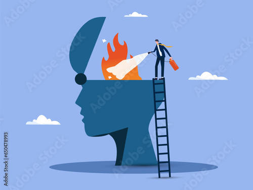 Therapy to cool down burning mind or anger, reduce burnout or mental illness, depression, cure anxiety and stress concept, man with fire extinguisher try to extinguish burning fire on human head.