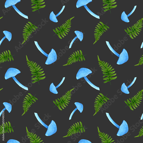Seamless pattern from blue mushrooms and ferns. Watercolor hand drawn illustration on dark background. Template for the design of paper, cover, fabric, children's interior decor.