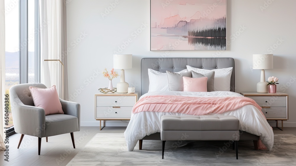Fototapeta premium Modern bedroom interior design with pink pillows and armchairs
