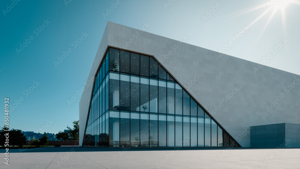 A view of the exterior of a modern commercial building with large windows finished in bright limestone, 3d rendering - obrazy, fototapety, plakaty 
