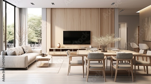 Interior of modern living room with wooden wall and sofa with dining table © ffunn