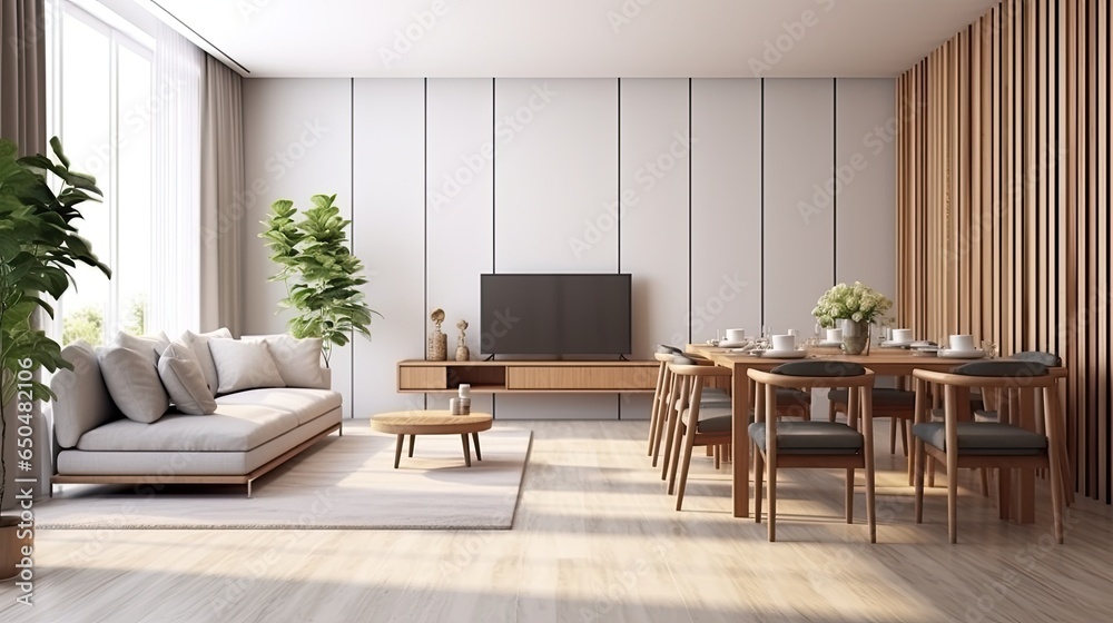 Fototapeta premium Interior of modern living room with wooden wall and sofa with dining table