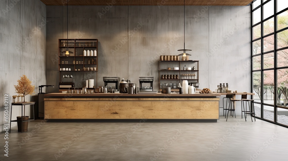 Obraz Interior of modern cafe with wooden walls, concrete floor, beige countertops and bar with stools