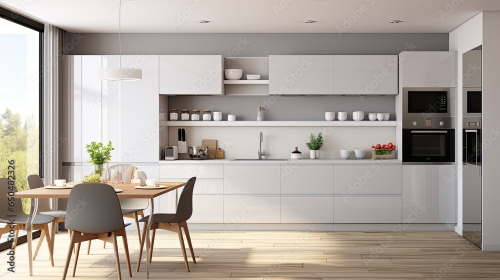 Interior of modern kitchen white walls, wooden floor, white countertops and bar with stools in a house with a beautiful design