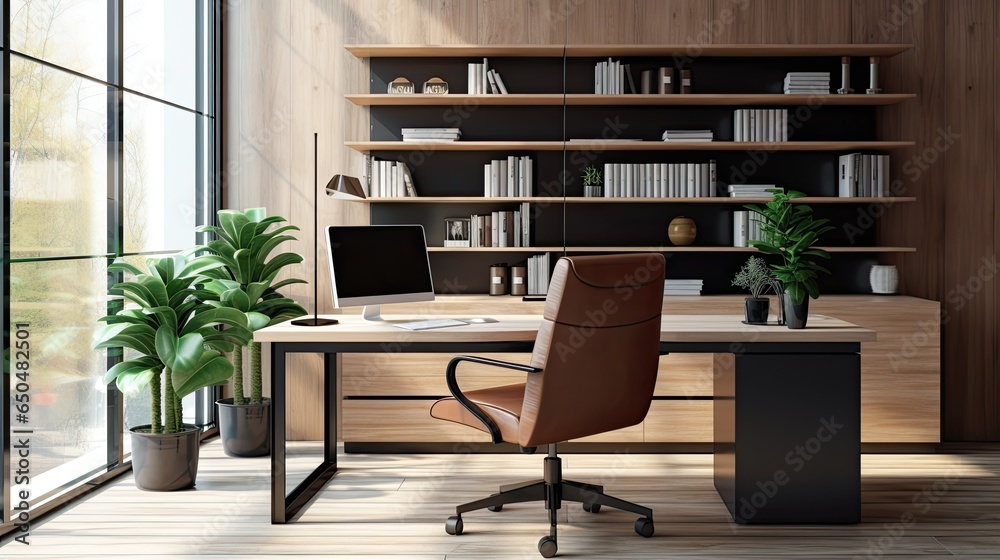 Interior of modern office with wooden walls, concrete floor, computer table and bookcase with folders - obrazy, fototapety, plakaty 