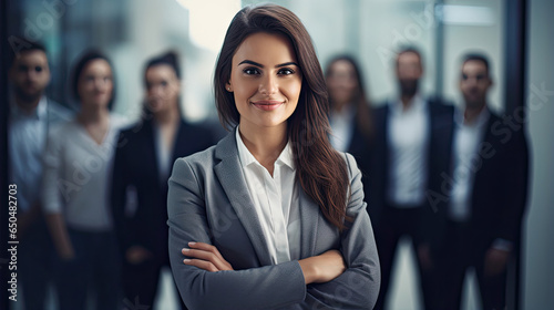 Confident young business manager woman with folded arms and smiling standing in front of other group team employees business colleagues created with Generative AI Technology