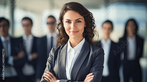 Confident young business manager woman with folded arms and smiling standing in front of other group team employees business colleagues created with Generative AI Technology photo
