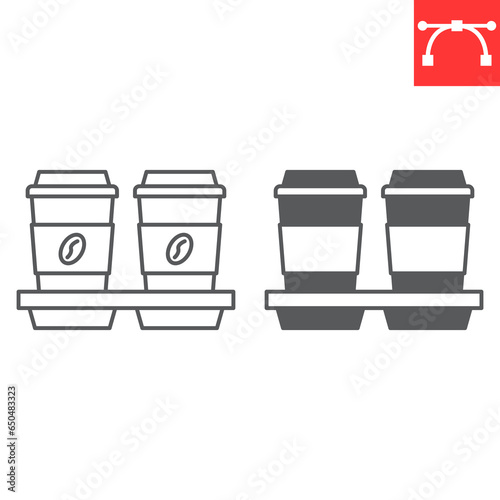 Takeaway coffee cups line and glyph icon, cafe and drink, coffee holder vector icon, vector graphics, editable stroke outline sign, eps 10.