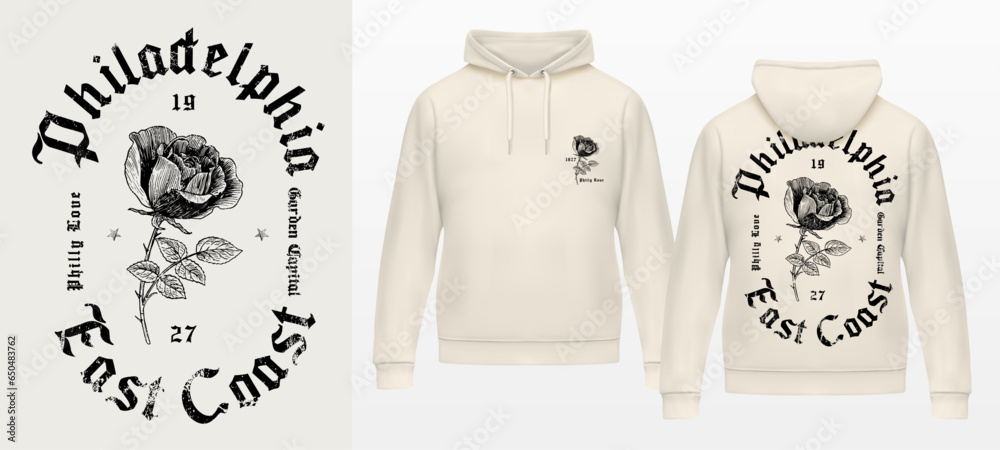 Art design of urban fusion, white hoodie and template, urban philadelphia design that blends rose ant gothics fonts, victorian illustration Gothic font, gang art - obrazy, fototapety, plakaty 