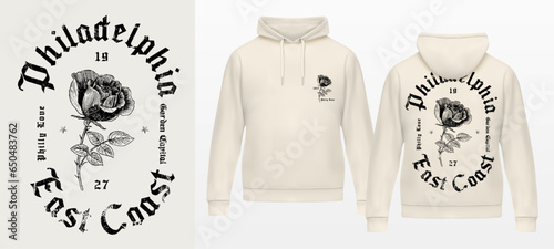 Art design of urban fusion, white hoodie and template, urban philadelphia design that blends rose ant gothics fonts, victorian illustration Gothic font, gang art