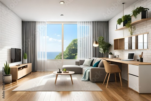 Interior of light living room with wooden surfboard  workplace and houseplants