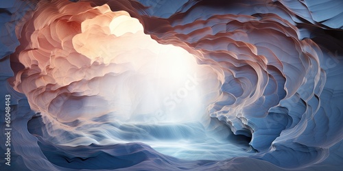 the entrance to an ice cave with water inside, in the style of light indigo and dark beige, generative AI