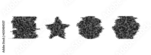 Halftone glitch geometric shapes set. Dotted star, square, circle and hexagon elements. Black noise texture objects for banner, poster, collage, flyer, booklet, brochure. Vector collection