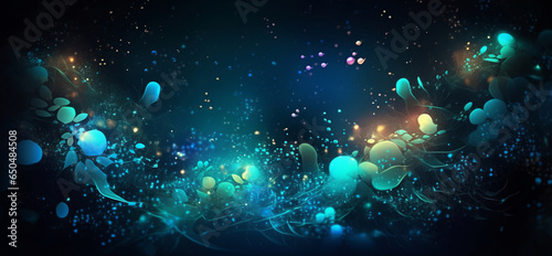 Abstract bioluminescent underwater fantasy. Glowing lights. Dreamy seascape. 3D stars, plants, fish, space, reef design, Generative AI 