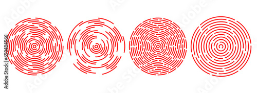 Red concentric ripple circles set. Sonar or sound linear wave rings collection. Epicentre, target, radar icon concept. Radial signal or vibration elements. Halftone line vector illustration