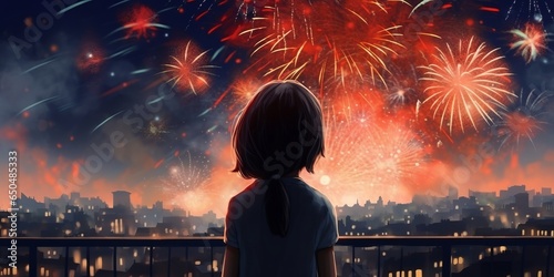 Little girl watching colorful fireworks on the 4th of July. Festival celebration explosion in Paris. Abstract firecrackers in the night sky, Generative AI 