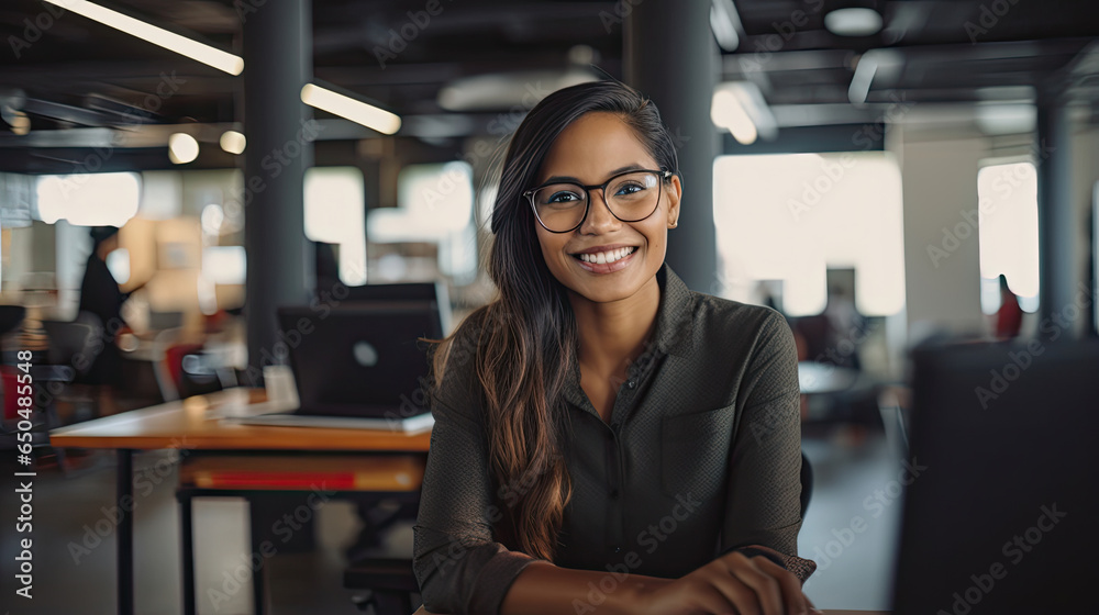 a female worker in glasses smiles and sitting working with a computer in a startup office created with Generative AI Technology a female worker in glasses smiles and sitting working with a computer in a startup office created with Generative AI Technology