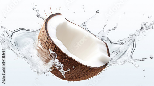A stream of coconut milk flows out slowly and vertically from a sloping coconut shell on a white background  created with Generative AI Technology