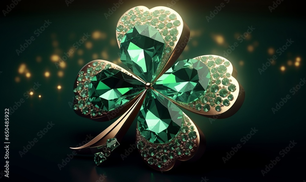 Lucky clover shaped sparkling diamond emerald. Crystal ornate jewelry design. Intricate luxury green gem. St. Patrick's Day, Generative AI  - obrazy, fototapety, plakaty 
