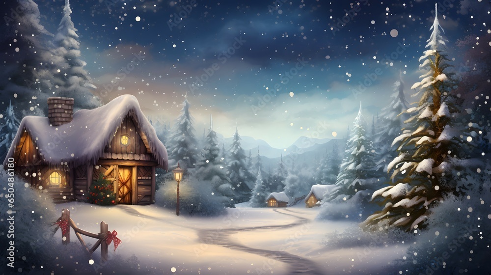 Naklejka premium winter landscape with cabin and tree