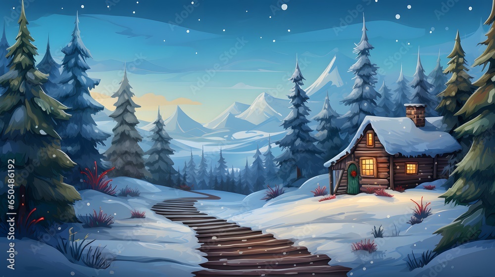 Fototapeta premium winter landscape with cabin and tree