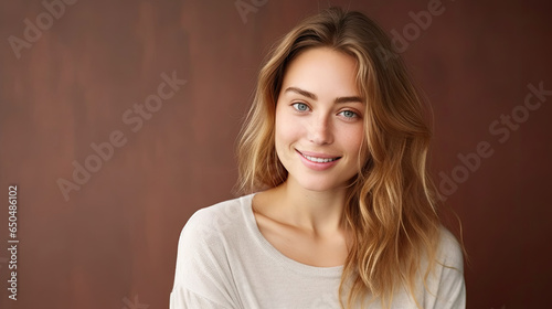 Beautiful smiling happy female model with dark eyes  long brown hair  casually dressed  looking satisfied at camera on studio wall with empty space for text created with Generative AI Technology