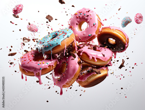 Delicious donuts floating with chocolate sprinkles in the air on a white background created with Generative AI Technology