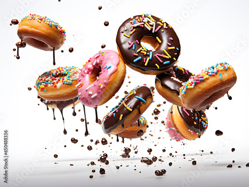 Delicious donuts floating with chocolate sprinkles in the air on a white background created with Generative AI Technology