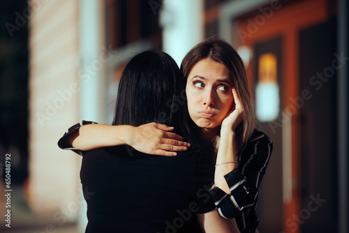 Woman Hugs Fake Friend Making Faces Behind her Back. Backstabbing toxic girlfriend embracing someone with bad intentions 
 photo