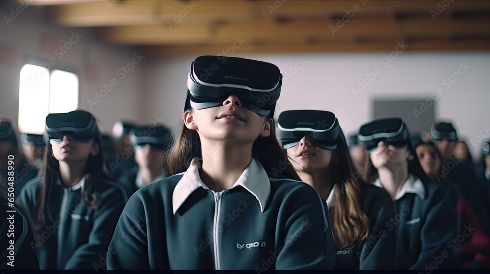 educational innovation Female student in virtual reality glasses joins teacher during lesson in bright classroom at school educational innovation Female student in virtual reality glasses joins teacher during lesson in bright classroom at school