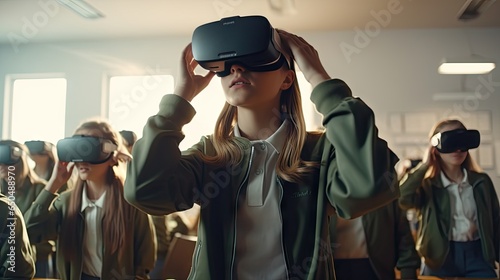 educational innovation Female student in virtual reality glasses joins teacher during lesson in bright classroom at school