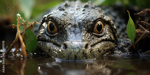 an alligator is swimming in water near bushes and other trees, generative AI