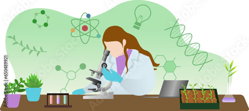 plant scientist looking through microscope in laboratory vector illustration, plants and microscope in laboratory for healthcare research, agricultural industry and education