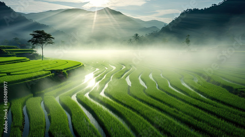 Abundant agricultural fields with beautiful views of green rice fields and blue sky mountains © AstraNova