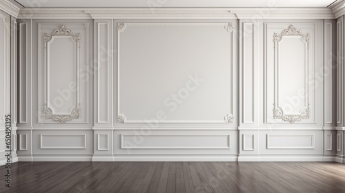 Leinwand Poster Modern classic white empty interior with wall panels molding and wooden floor, 3d illustration