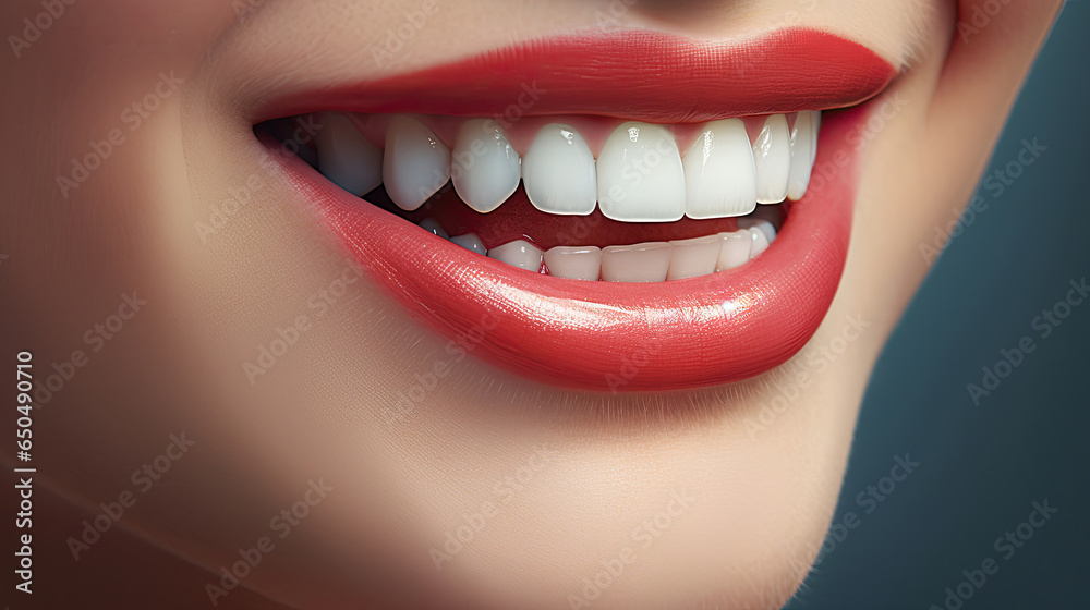 Her soft glamour face with beautiful red lips grinned widely showing her healthy and very bright white teeth created with Generative AI Technology Her soft glamour face with beautiful red lips grinned widely showing her healthy and very bright white teeth created with Generative AI Technology