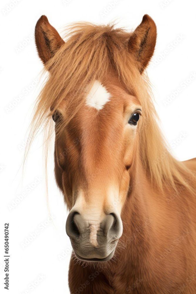 Obraz premium Beautiful brown Horse Face looking at the camera on a white background created with Generative AI Technology
