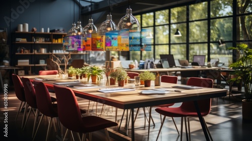 coworking of young people at a work table having brainstorming for new project, colorful decoration, afternoon