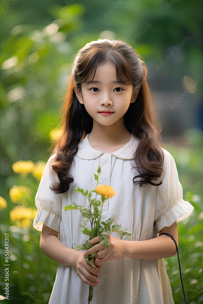 Beautiful Taiwanese young girl holding flowers in her hands in the green garden background Beautiful Taiwanese young girl holding flowers in her hands in the green garden background