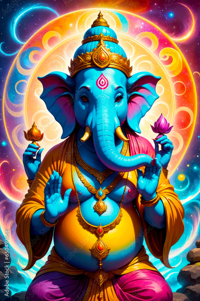 Divine Ganesha Aum in Cosmic Energy Painting, AI Generated