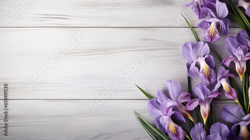 Blooming spring flowers Fresh purple Irises on soft gray wooden table with empty space for text created with Generative AI Technology 