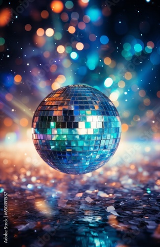 Ethereal Disco Ball Elegance. Disco ball basking in ethereal lights, evoking an elegant night of dance.